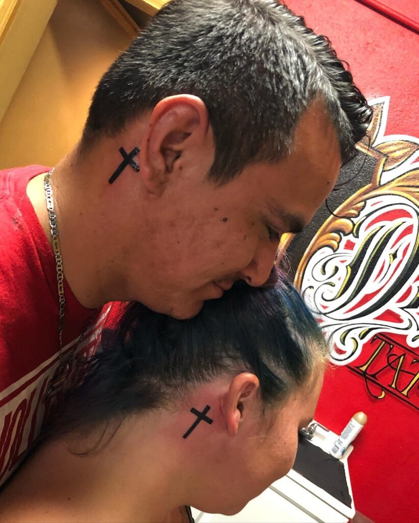 Matching Couple Cross Behind Ear Tattoos Tattoo Design