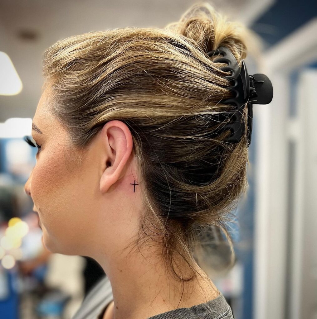 Minimal Cross Behind Ear Tattoo Tattoo Design
