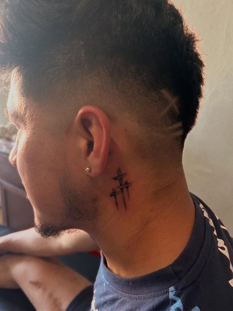 Three Bold Crosses Behind Ear Tattoo Tattoo Design