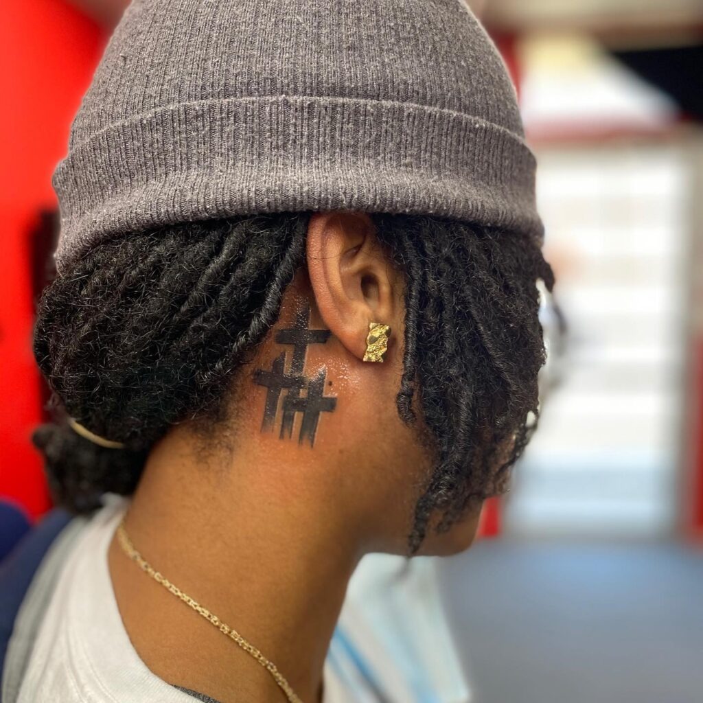 Triple Crosses Behind Ear Tattoo Tattoo Design