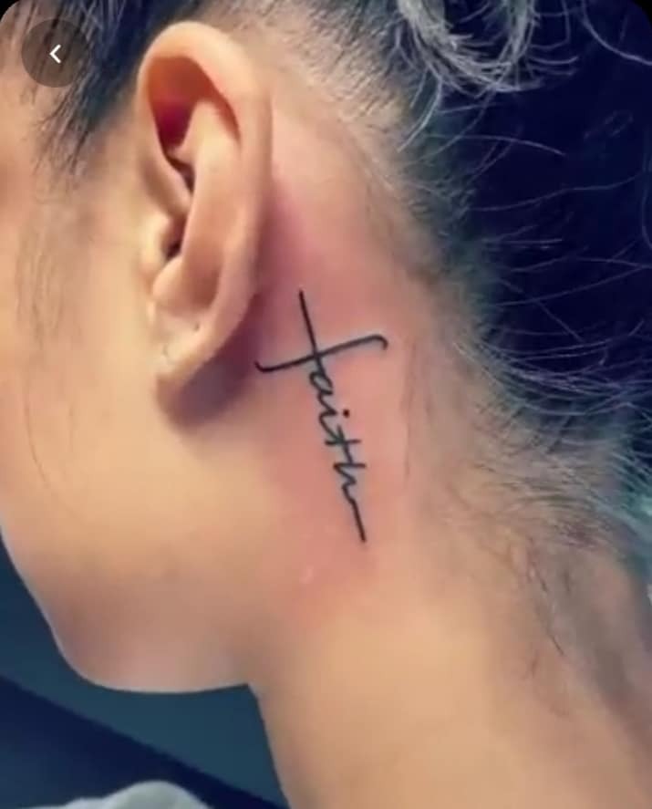 Vertical "Faith" Script Behind the Ear Tattoo Design