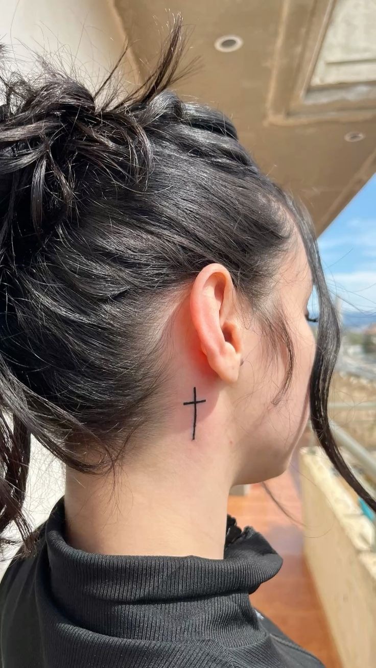 Tiny Cross Behind Ear Tattoo Design