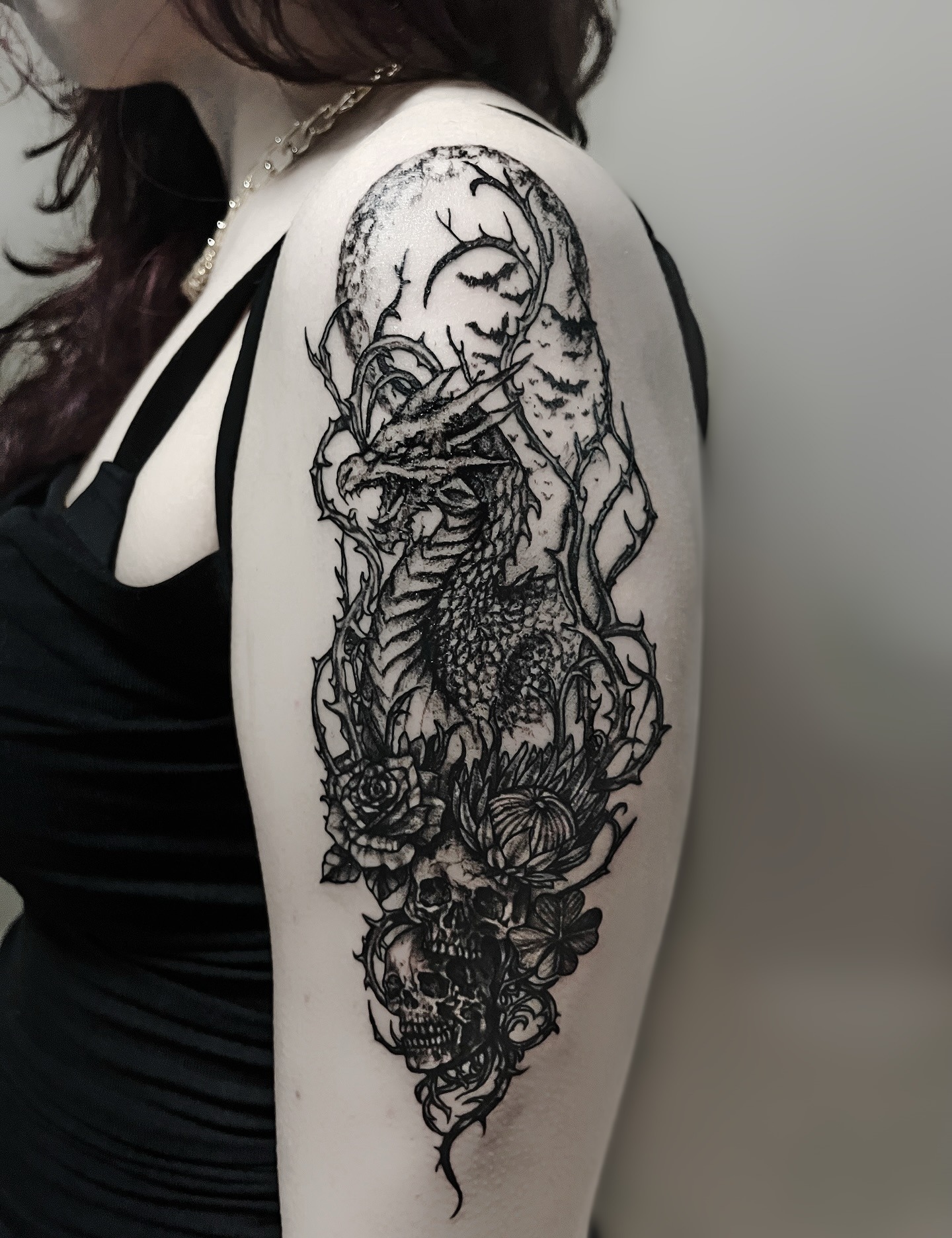 Moonlit Dragon and Skull Tattoo Tattoo Design
