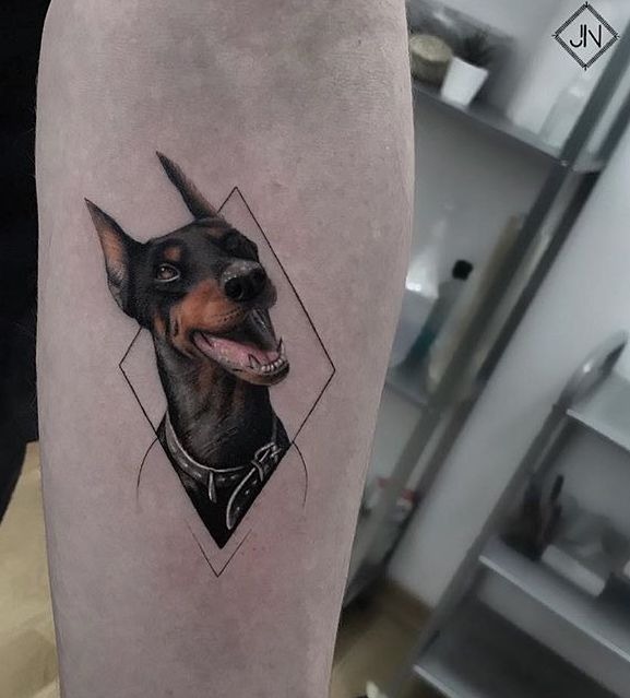 Diamond-Frame Happy Doberman Tattoo Design