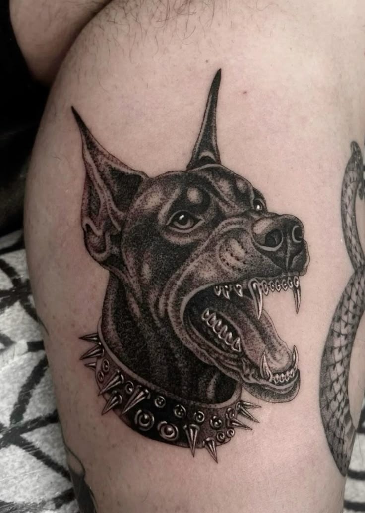 Dotwork Spiked-Collar Roar Tattoo Design
