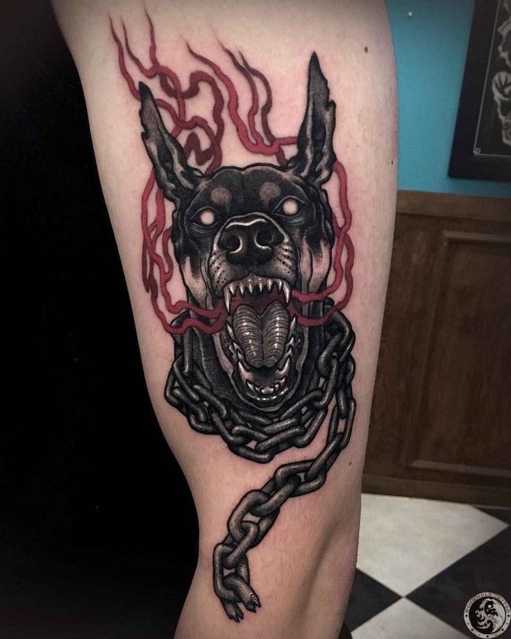 Hellhound Chain with Ember Ribbons Tattoo Design