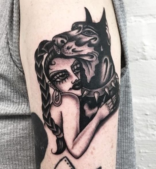 Lady & Her Doberman, Old School Embrace Tattoo Design