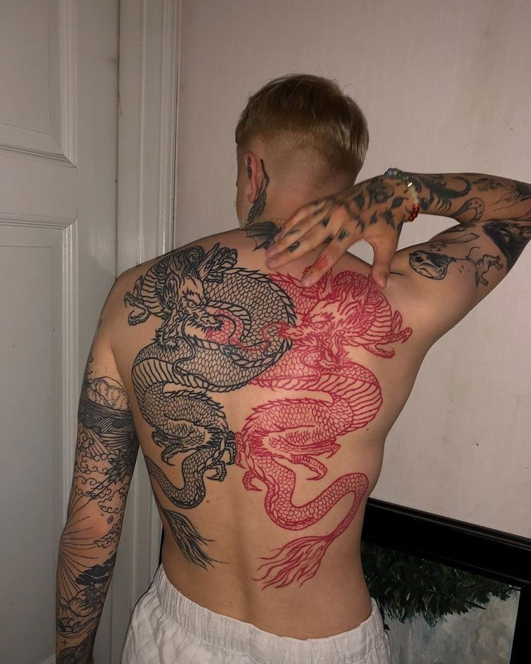 Double Red and Black Traditional Japanese Dragon, a tattoo design rendered in bold traditional.