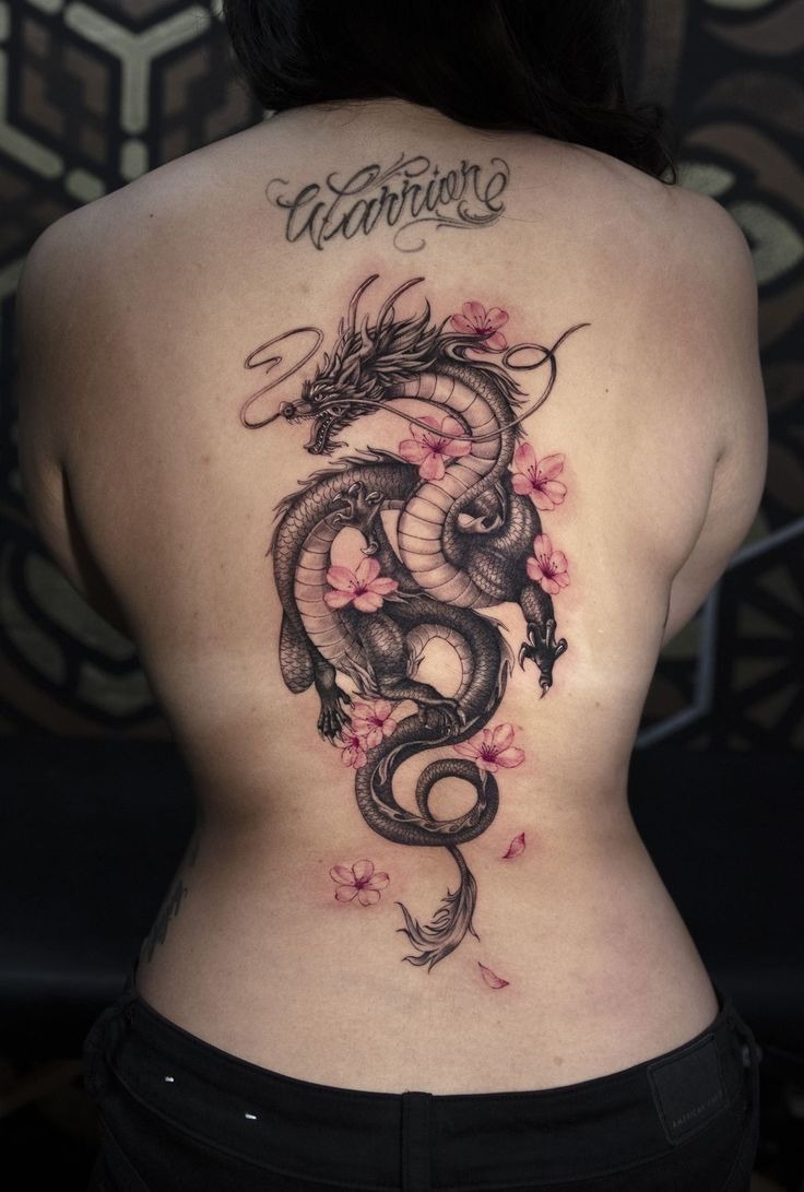 Feminine Japanese Dragon with Flowers, a tattoo design rendered in clean detailed linework for the back.