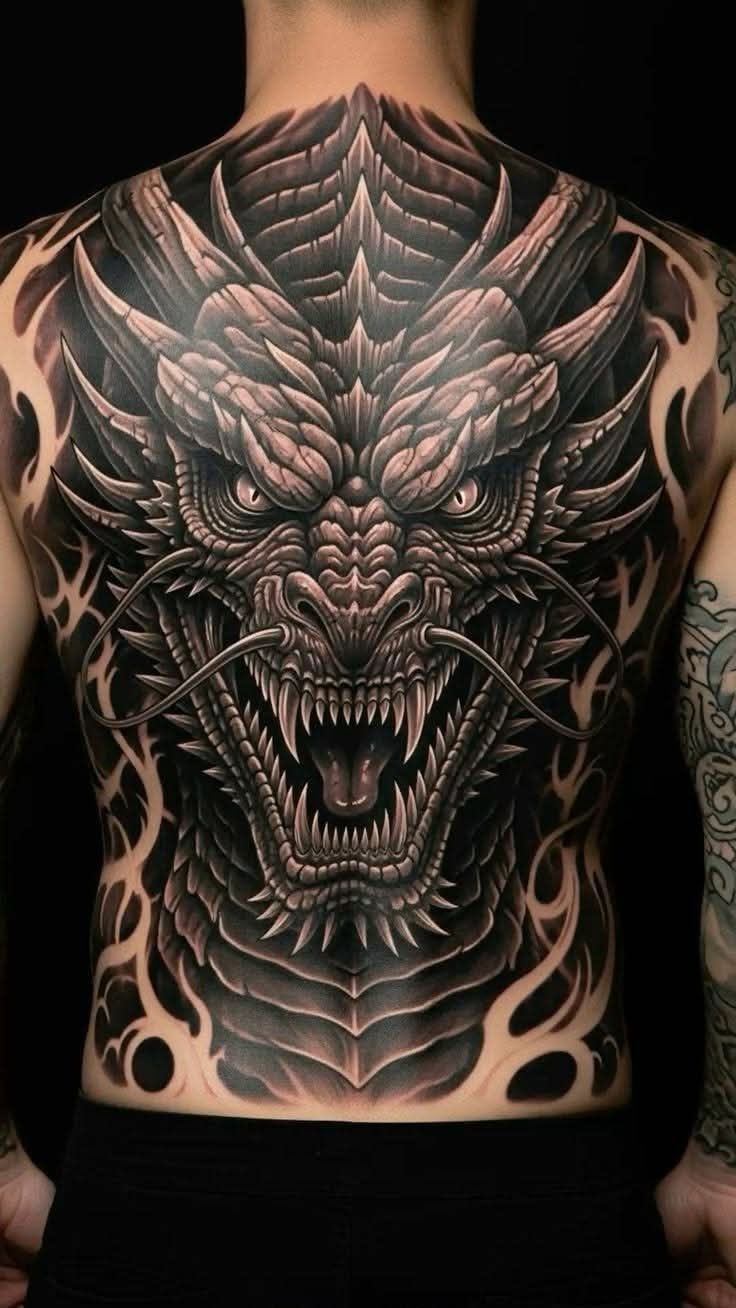 Fierce Symmetrical Dragon Face Back Tattoo, a tattoo design rendered in clean detailed linework.