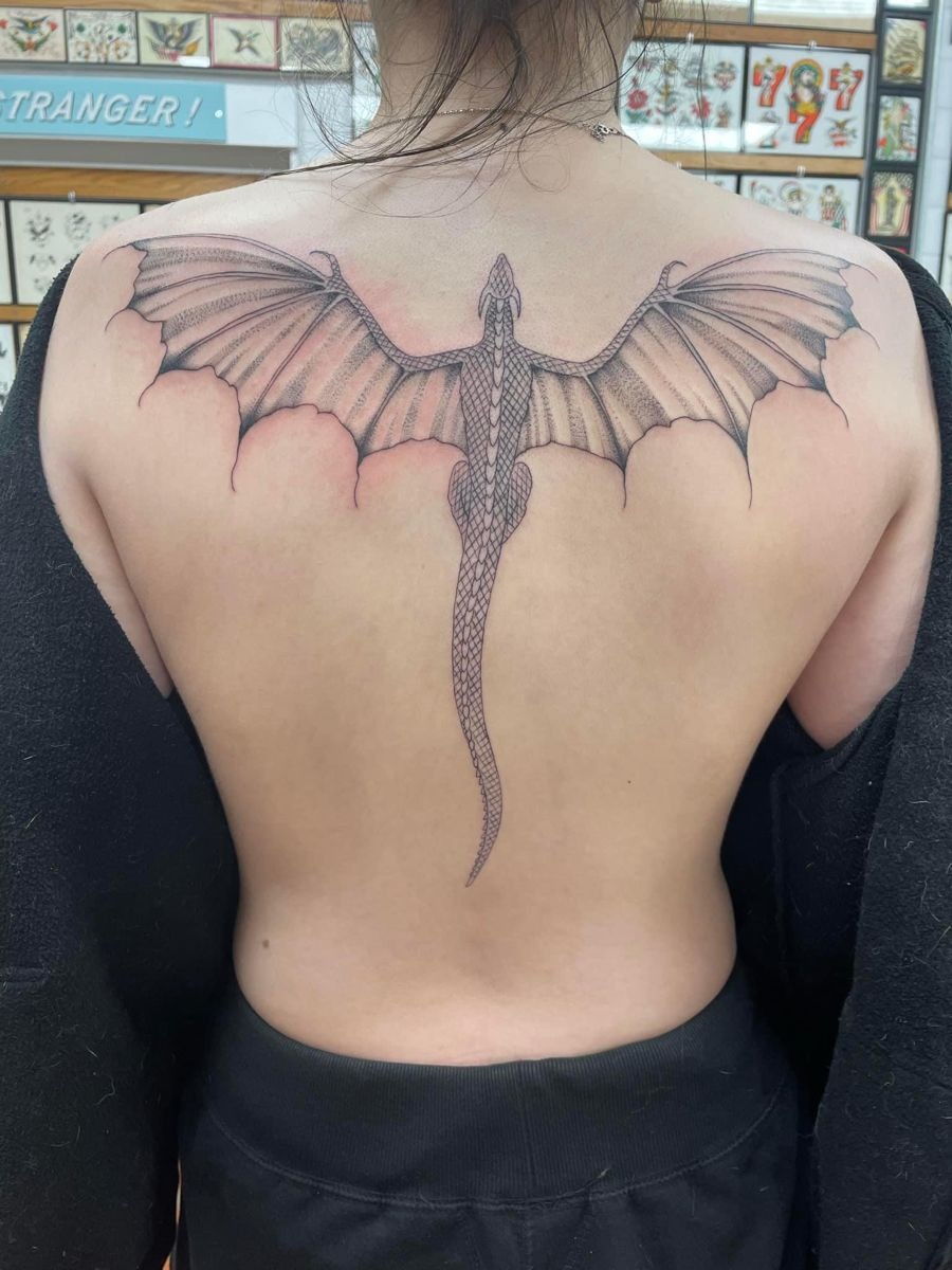 Full Back Wings Over Clouds, a tattoo design rendered in clean detailed linework.