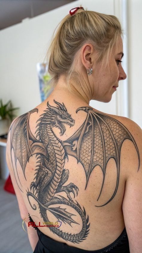 Full-Winged Dragon Across the Back, a tattoo design rendered in clean detailed linework for the shoulder.