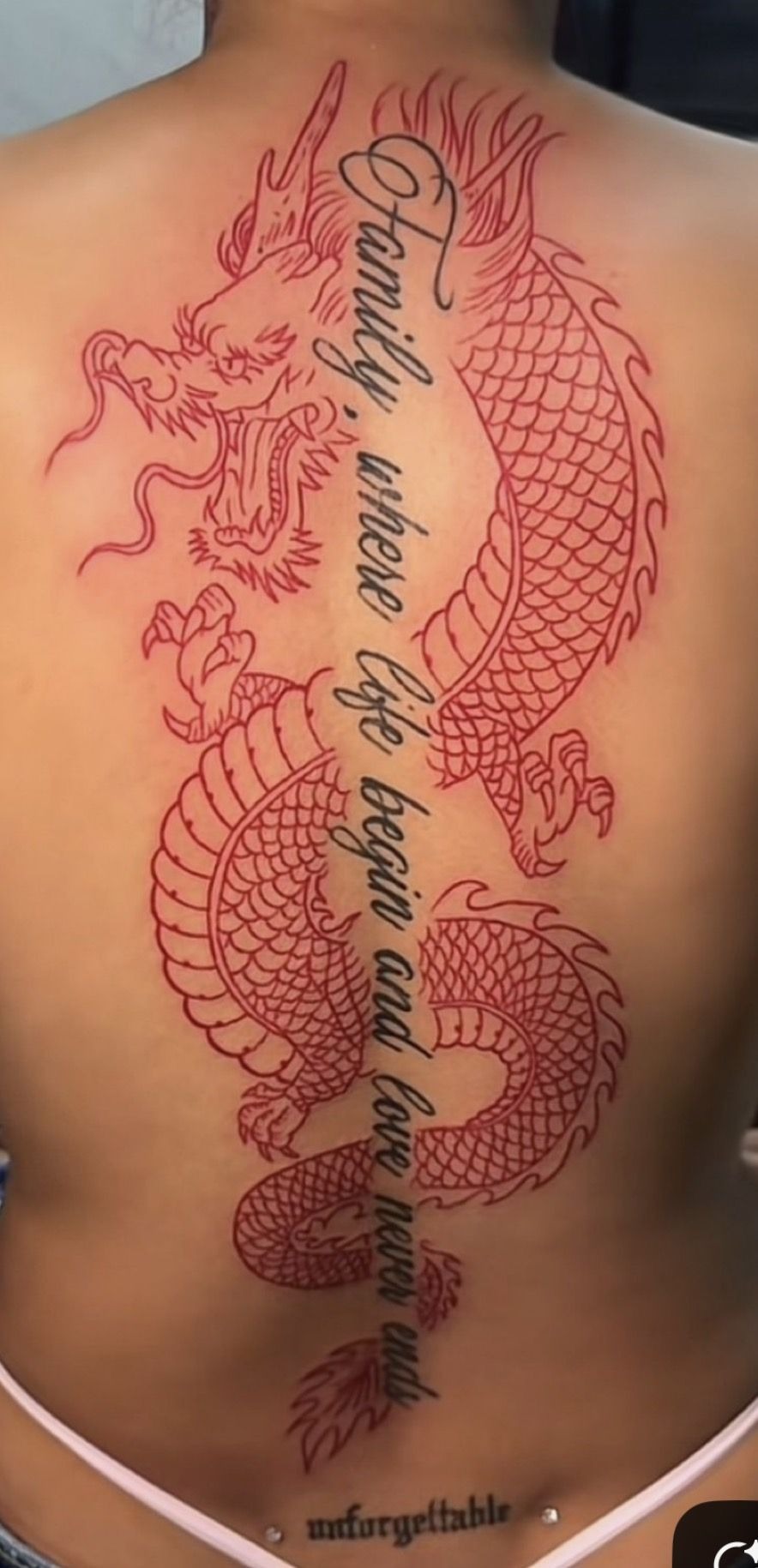 Red Chinese Dragon with Script Spine Detail, a tattoo design rendered in bold for the back.