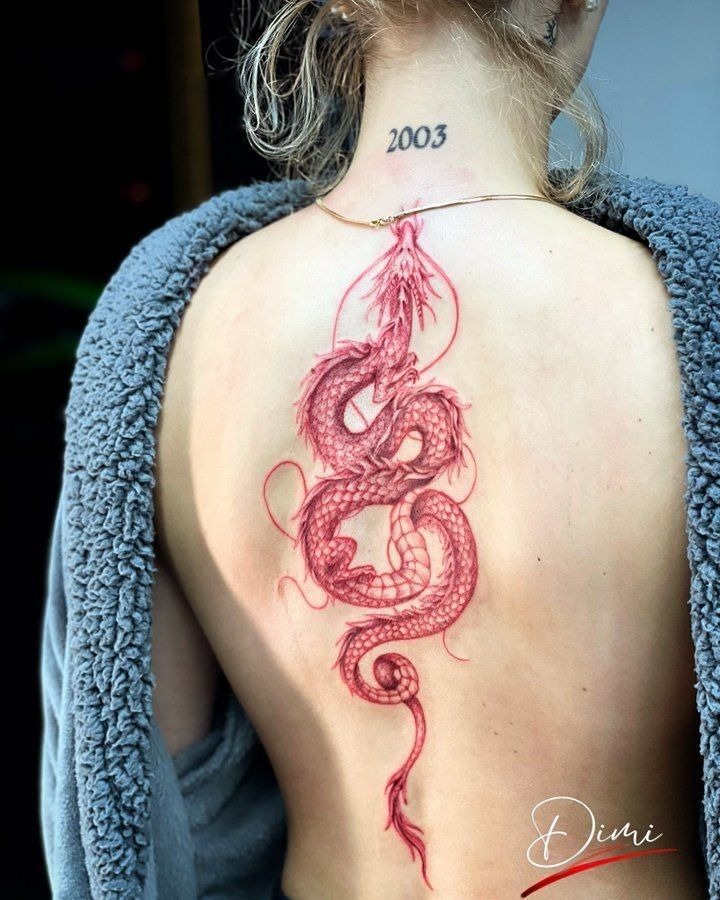 Red Women Spine Dragon Design, a tattoo design rendered in delicate fine-line for the back.