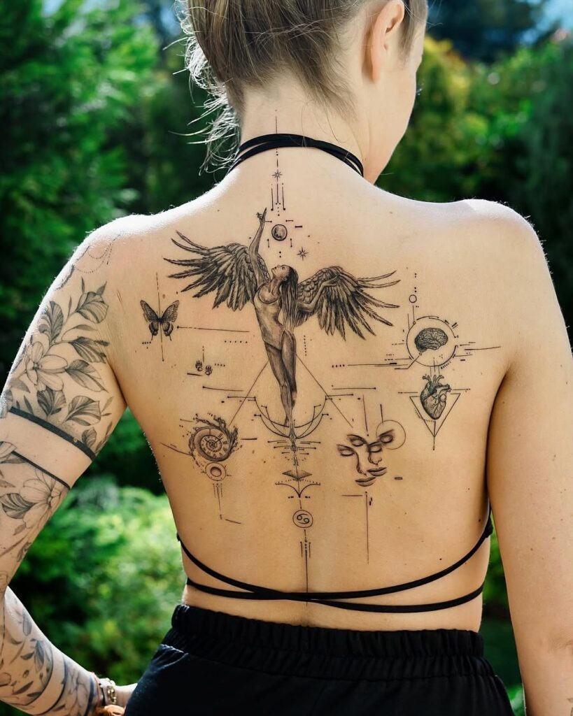 Angelic and Geometric Back Tattoo with Symbolic Details Tattoo Design