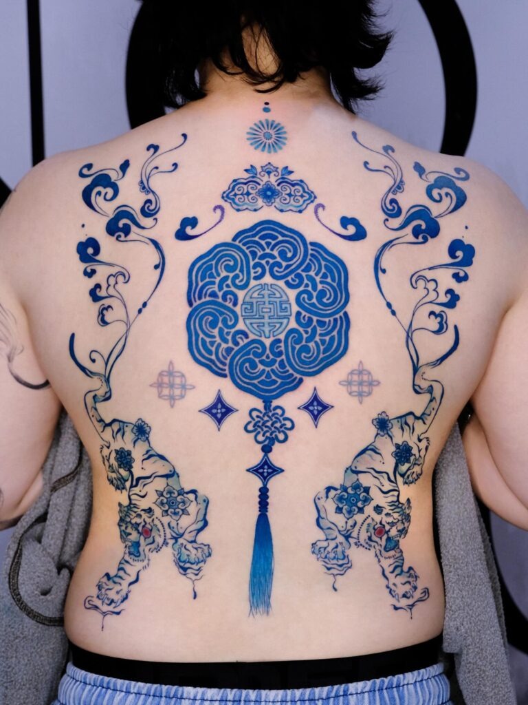 Blue Tigers and Ornament Back Tattoo Tattoo Design
