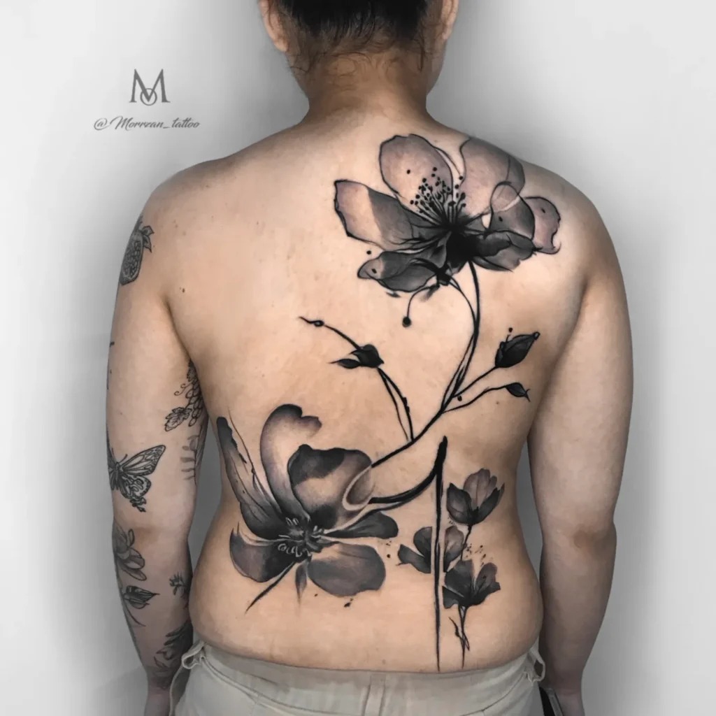 Bold Black and Grey Floral Back Tattoo Tattoo Design