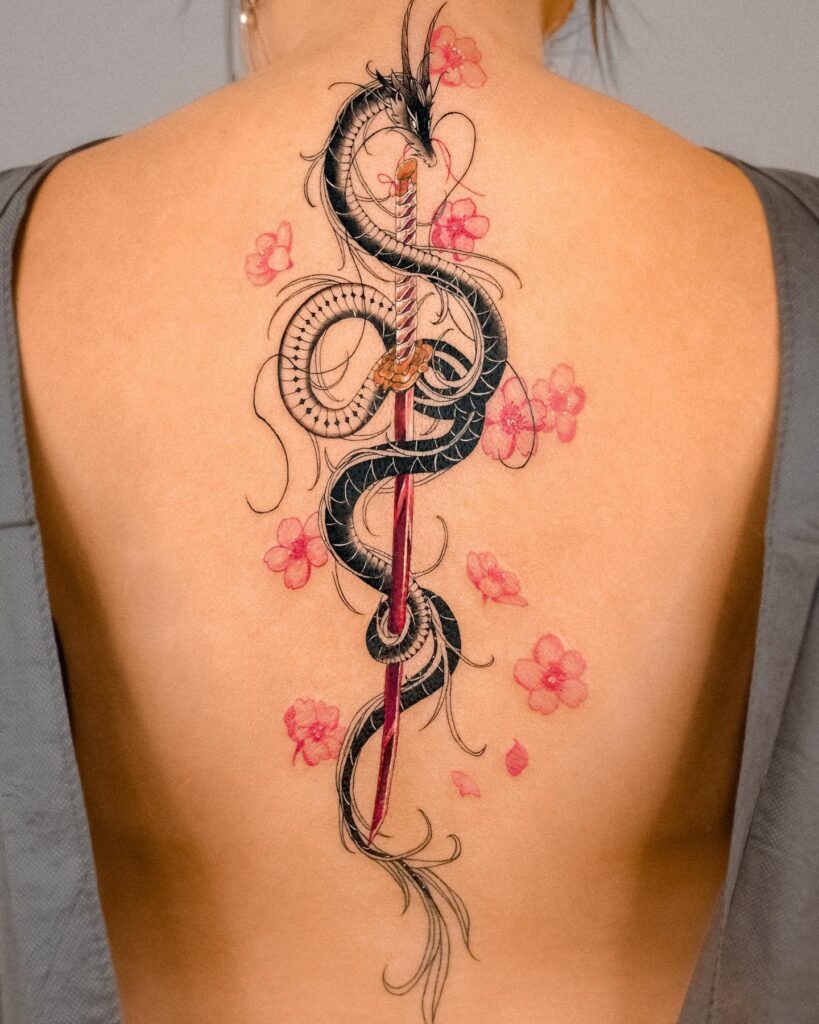 Dragon and Katana with Cherry Blossoms Back Tattoo Tattoo Design