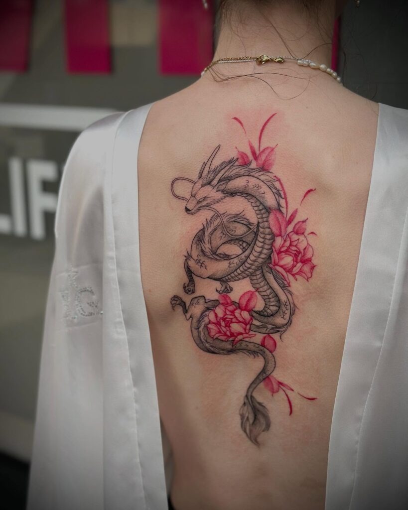 Dragon and Peony Back Tattoo with Red Accents Tattoo Design