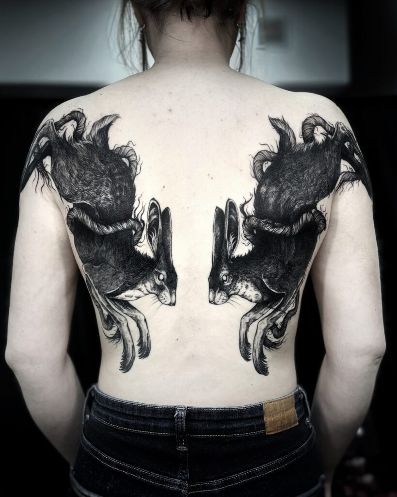 Dynamic Twin Hare Back Tattoo Tattoo Design