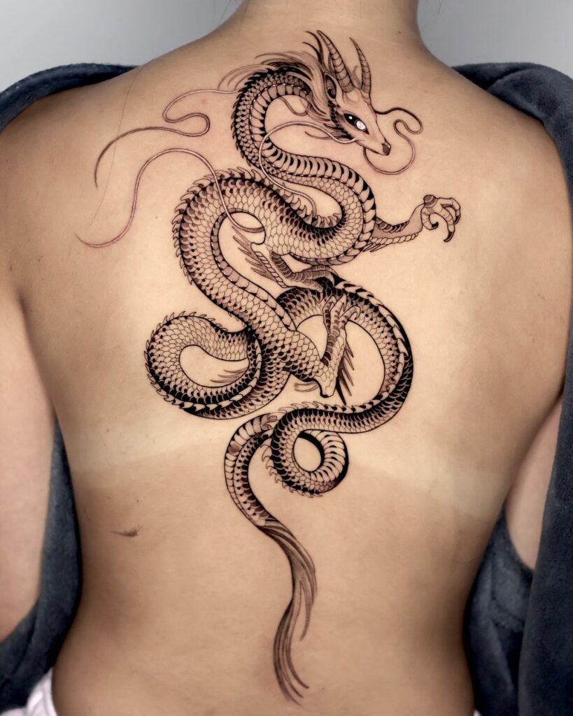Elegant Black and Red Dragon Back Tattoo Tattoo Design