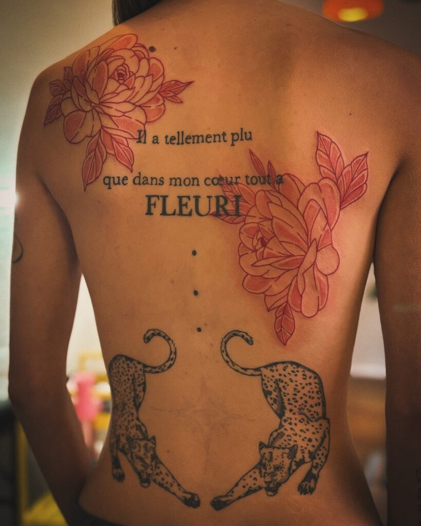 French Quote Back Tattoo with Peonies and Leopards Tattoo Design