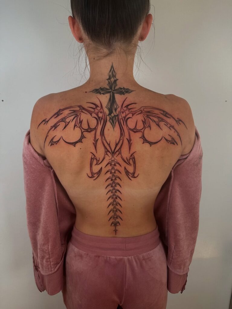 Full Back Cybercigilism Cross and Spine Tattoo Tattoo Design