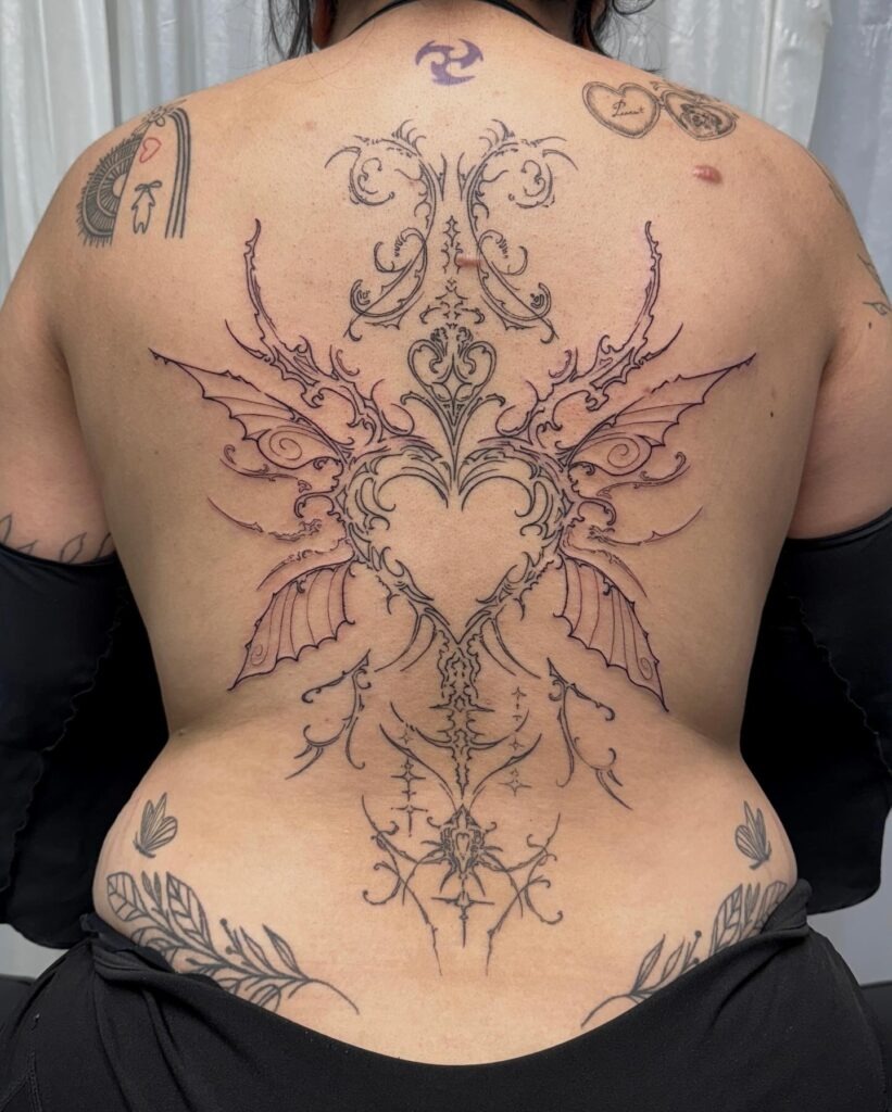 Gothic Heart and Winged Back Tattoo Tattoo Design