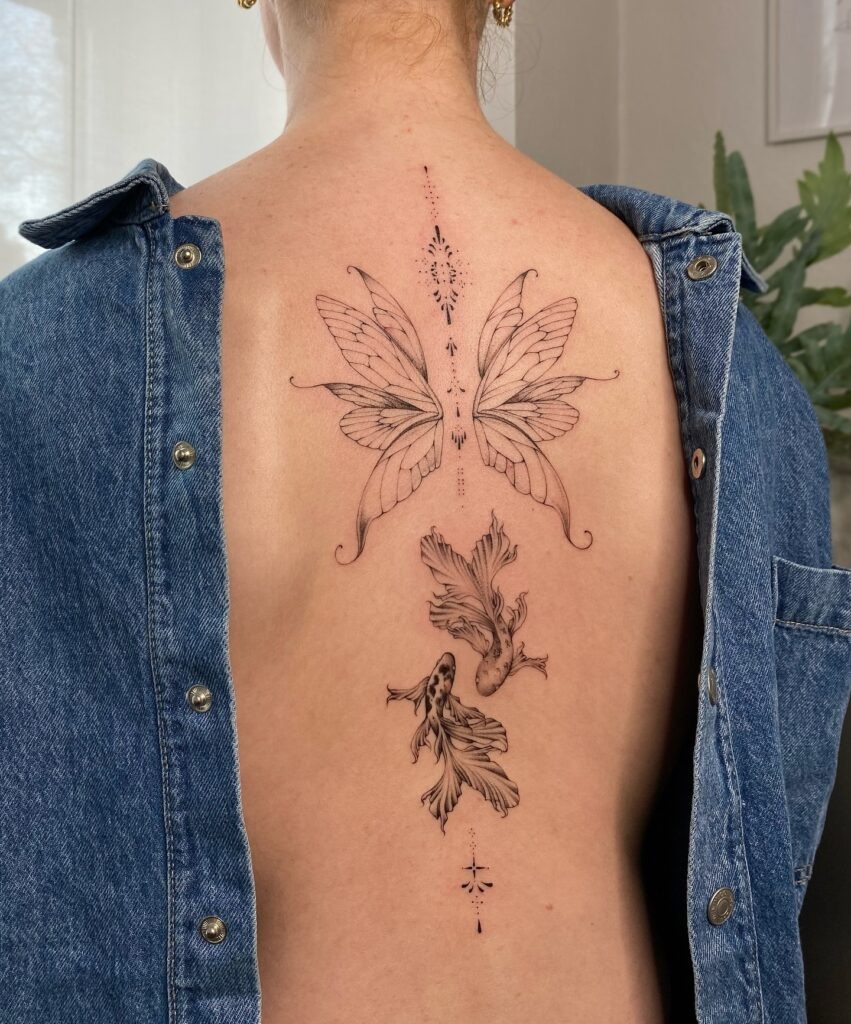 Graceful Butterfly and Koi Fish Back Tattoo Tattoo Design