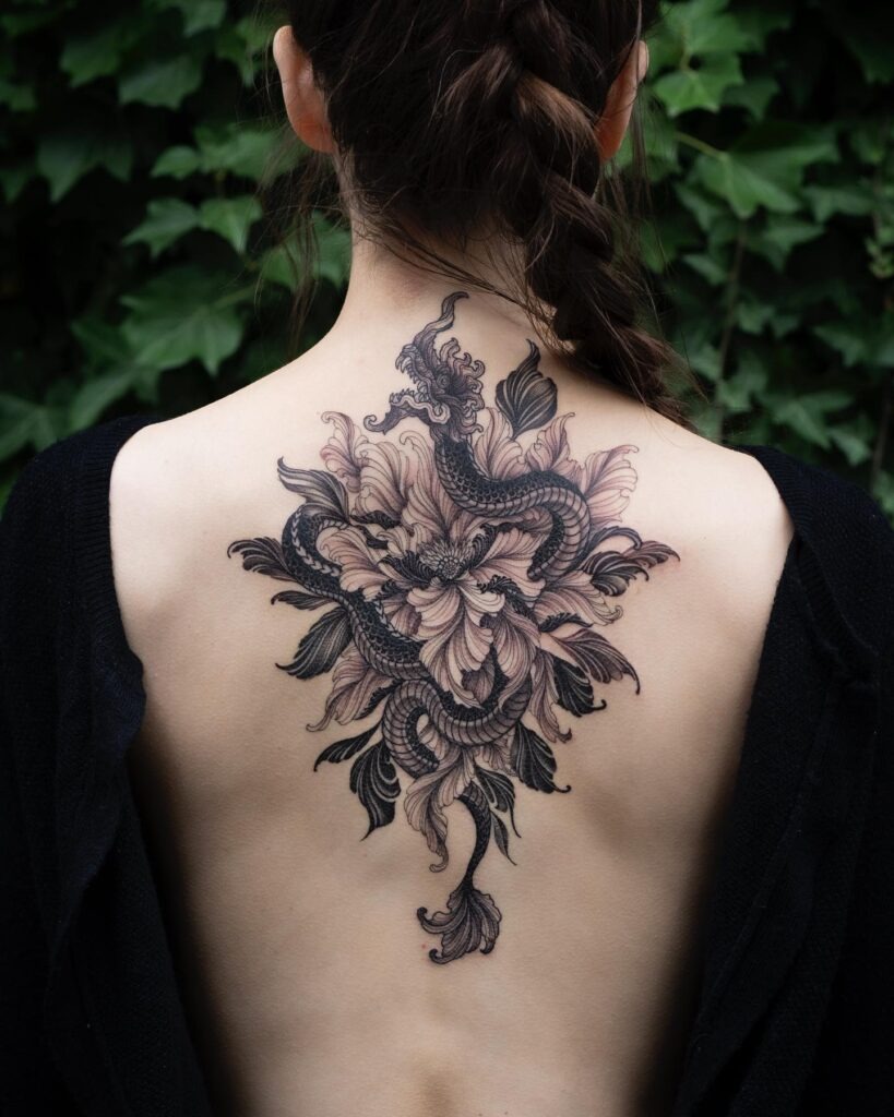 Intricate Dragon and Floral Back Tattoo Tattoo Design