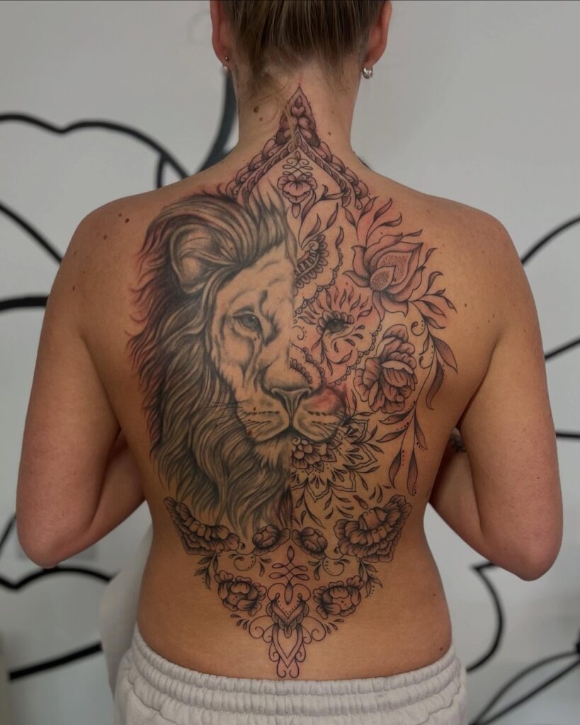 Lion and Floral Mandala Back Tattoo Tattoo Design