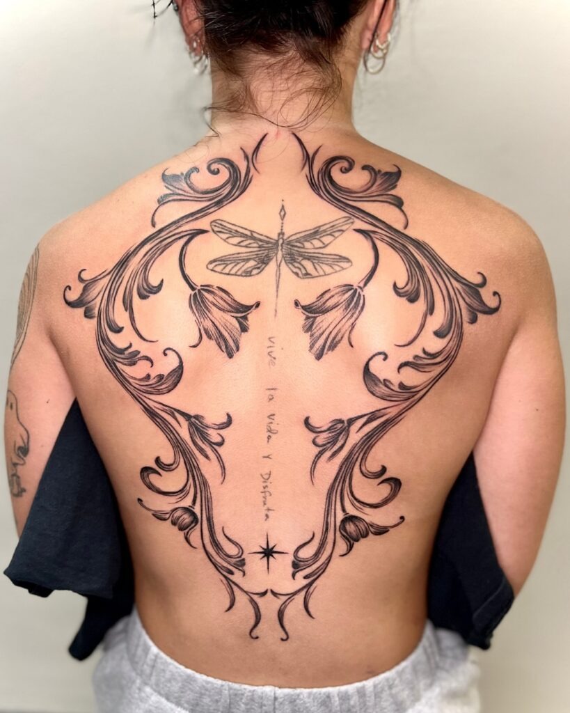 Ornamental Dragonfly Back Tattoo with Inspirational Script Tattoo Design