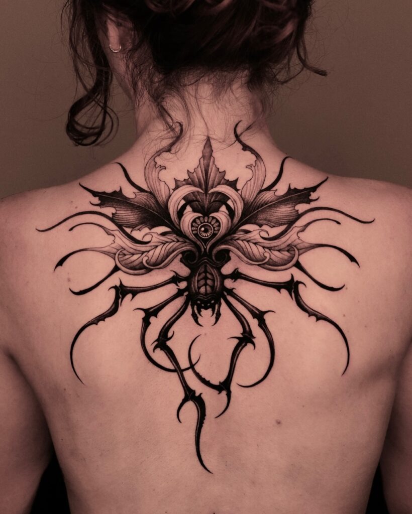 Ornamental Spider Back Tattoo with Gothic Detailing Tattoo Design