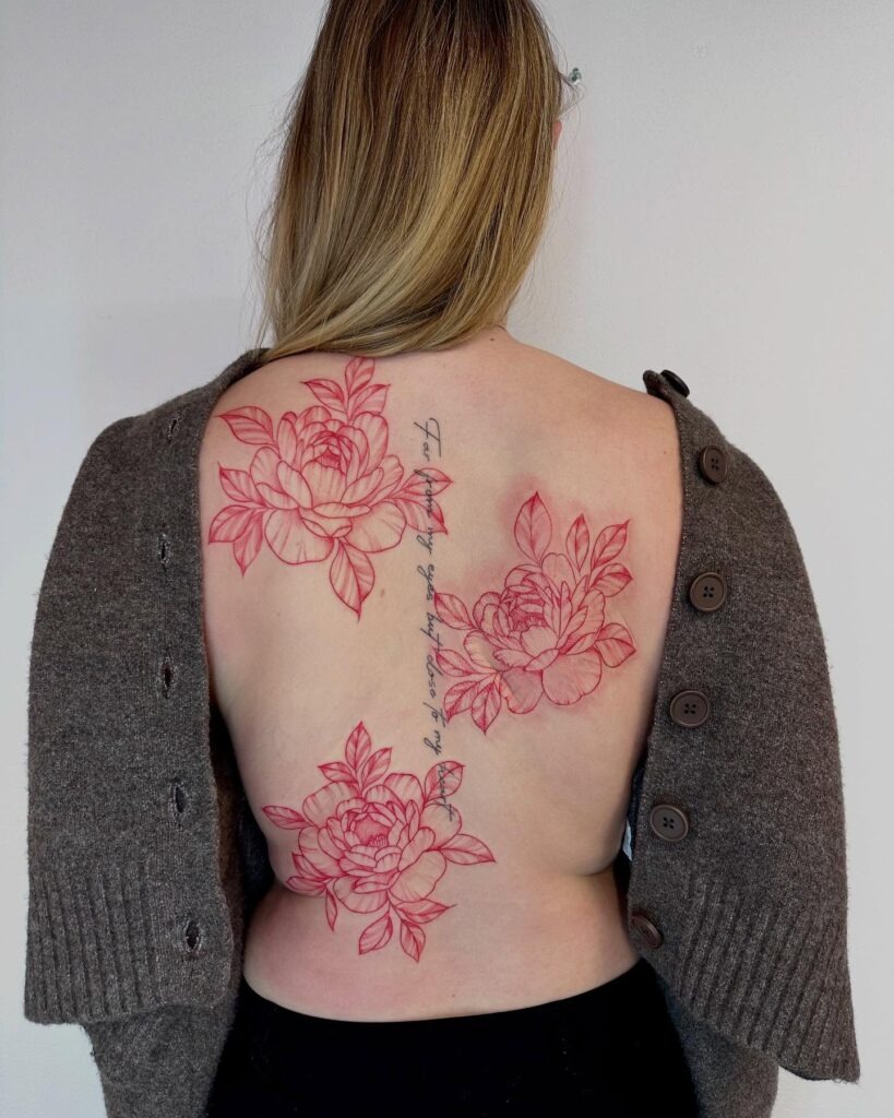 Red Peony and Script Back Tattoo Tattoo Design