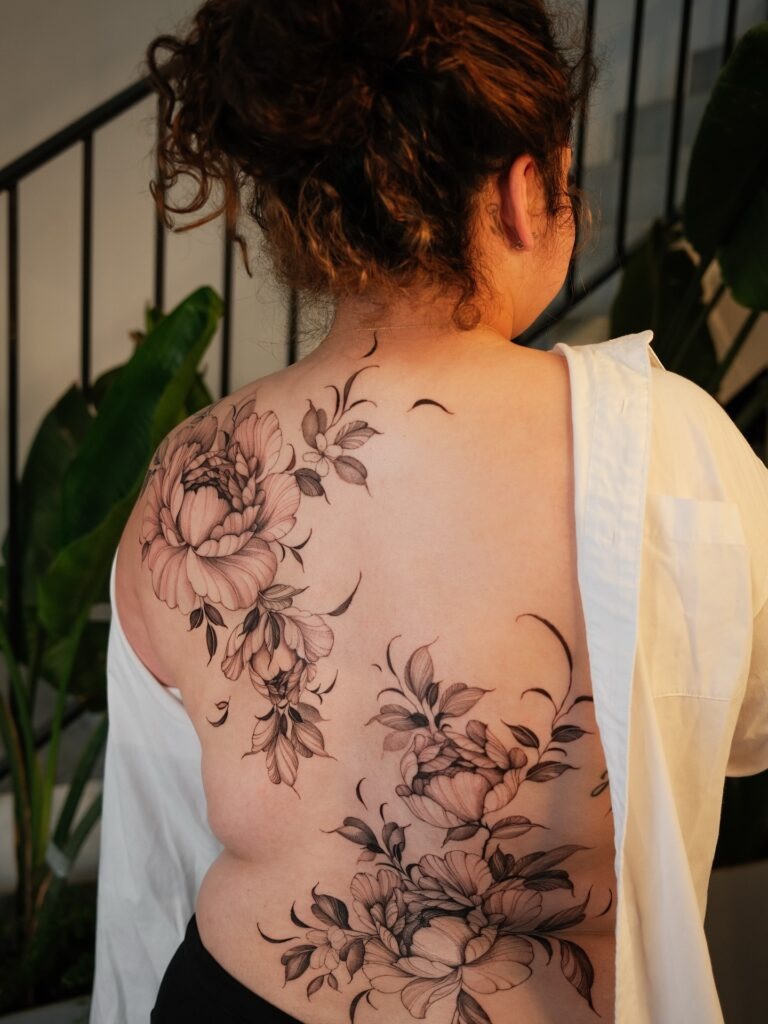 Romantic Flowing Peony Back Tattoo Tattoo Design