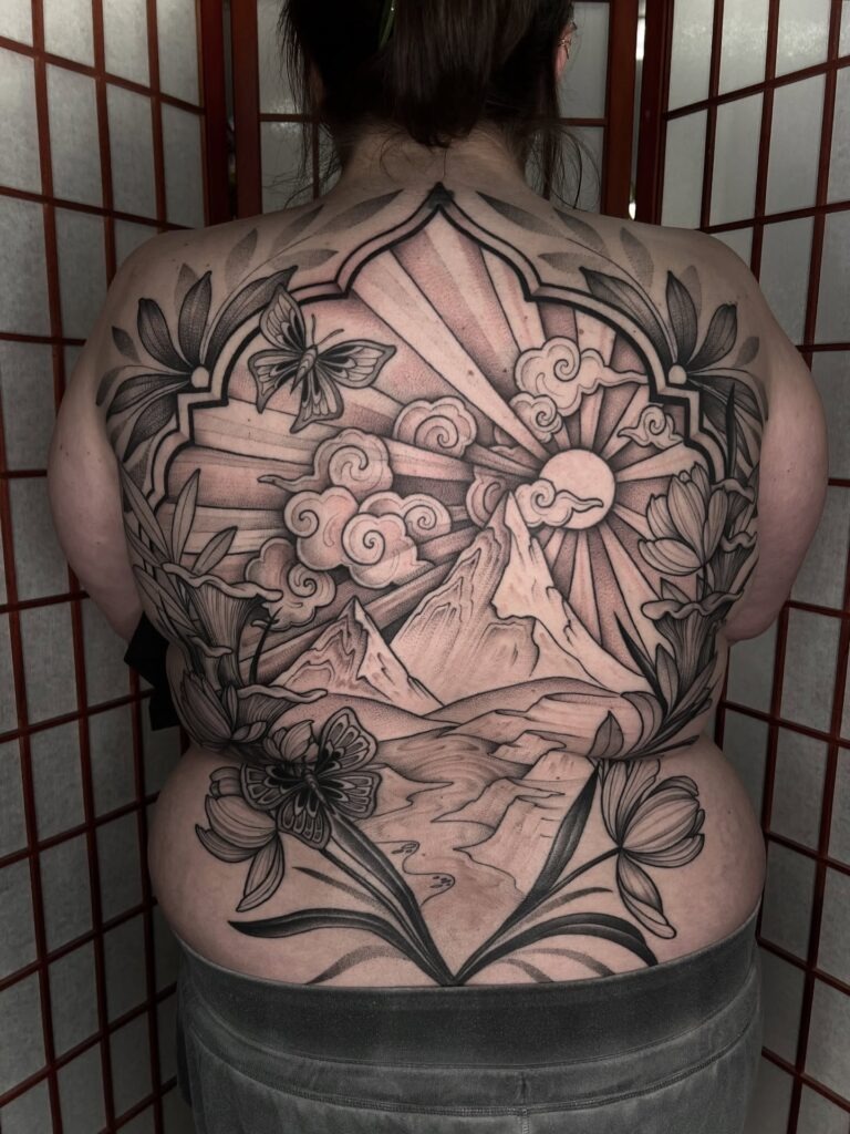 Scenic Mountain Sunrise Back Tattoo Tattoo Design