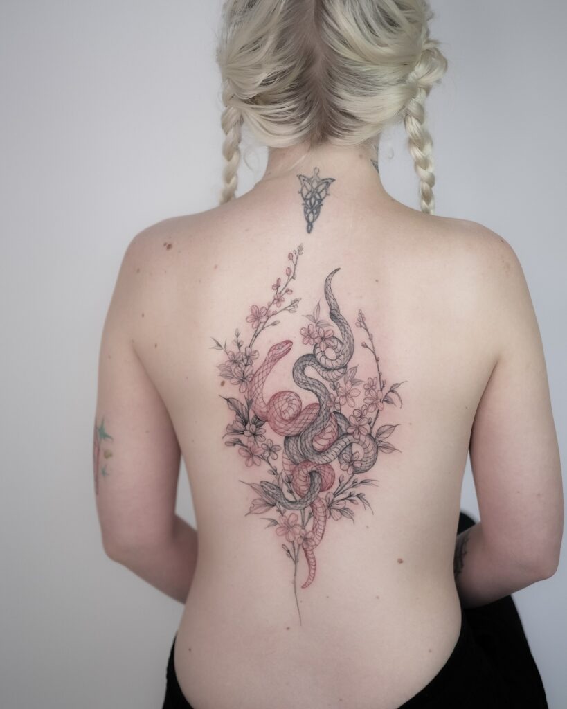Snake and Cherry Blossom Back Tattoo Tattoo Design