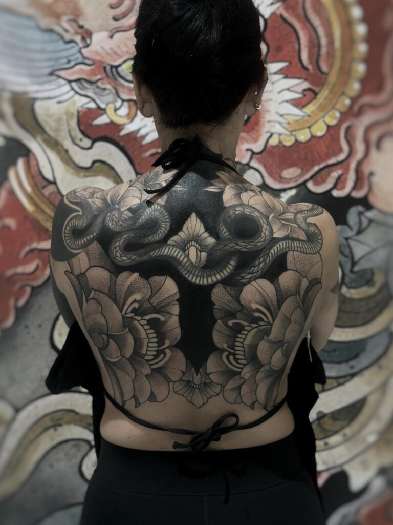 Snake and Peony Blackwork Back Tattoo Tattoo Design