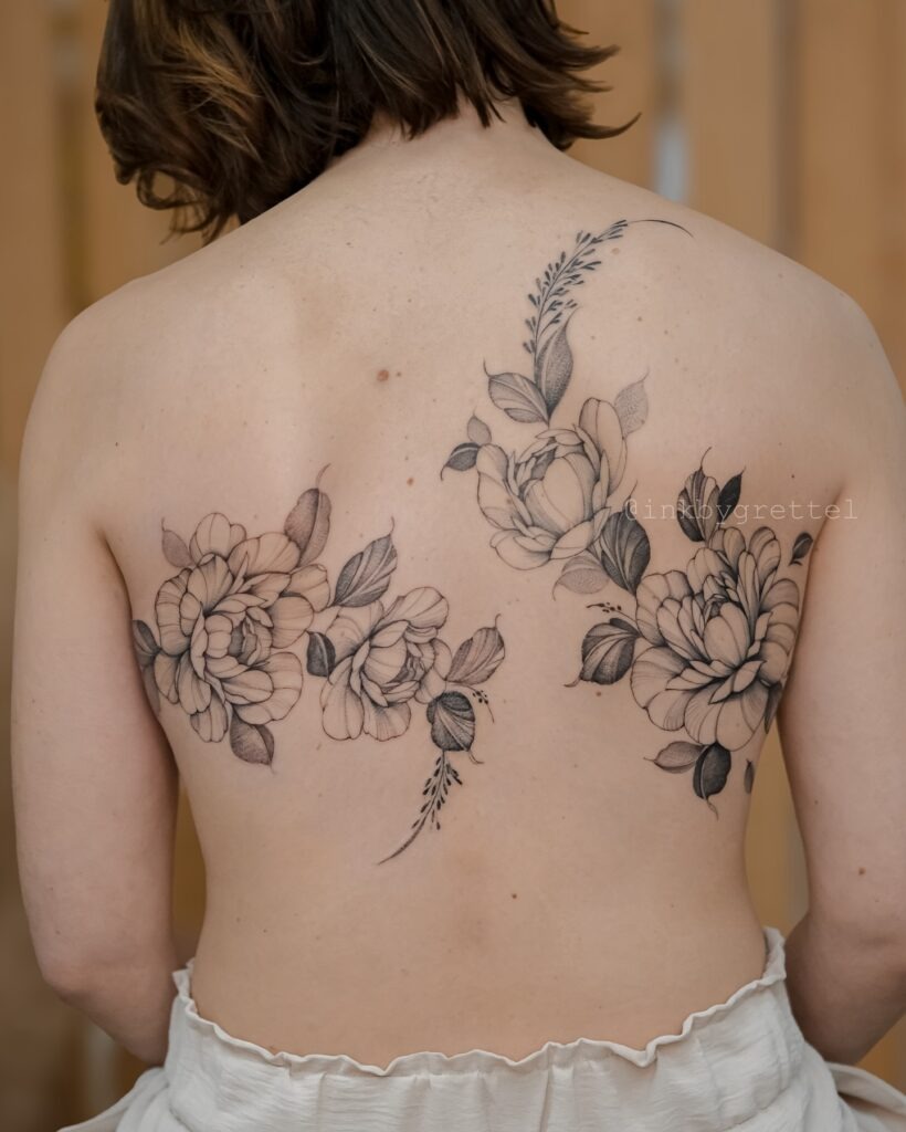 Soft Peony Back Tattoo with Flowing Arrangement Tattoo Design
