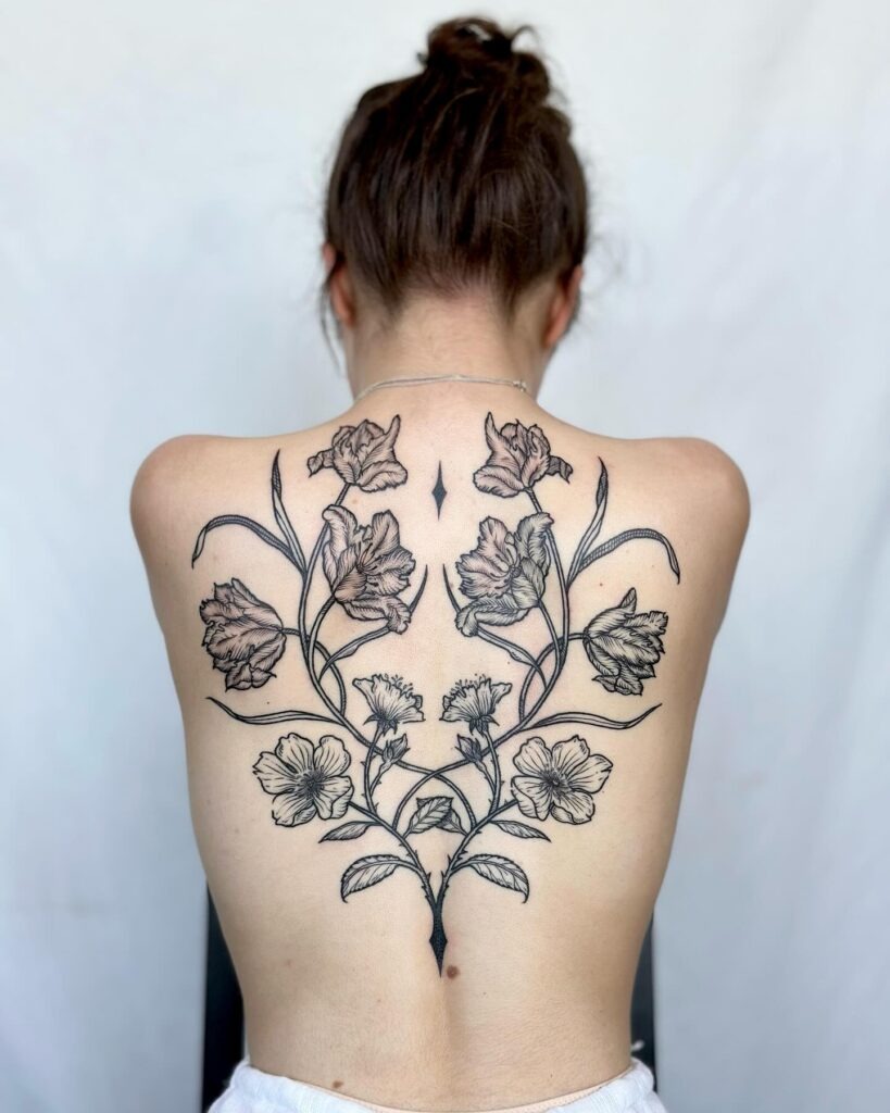 Tulip and Dog Rose Back Tattoo Design Tattoo Design