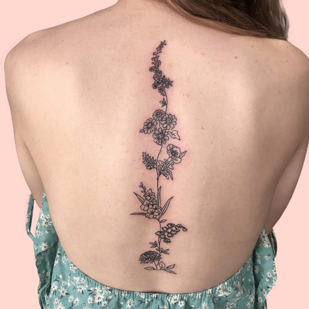 Vertical Wildflower Spine Back Tattoo Tattoo Design