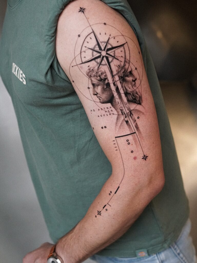 Celestial Compass with Dual Faces Tattoo Tattoo Design