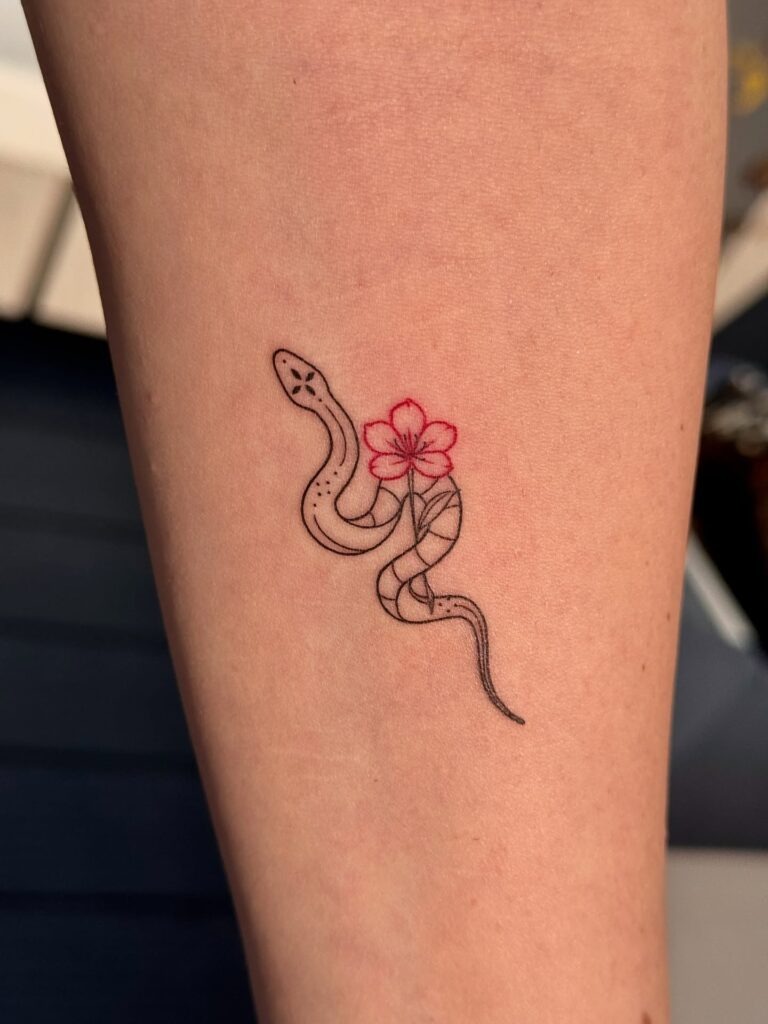 Cherry Blossom and Snake Fine Line Tattoo Tattoo Design