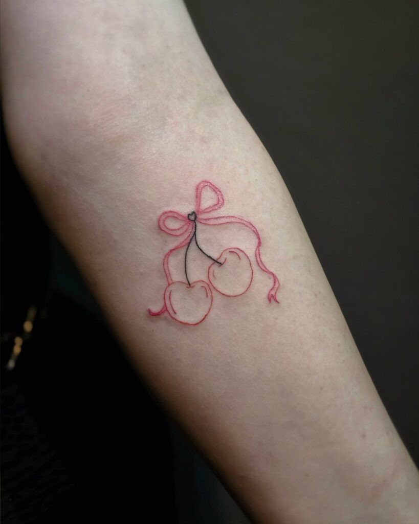 Cherry Tattoo with Bow Outline Tattoo Design
