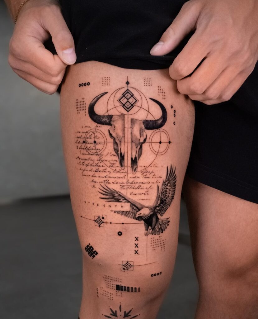 Geometric Bull Skull and Eagle Tattoo Tattoo Design