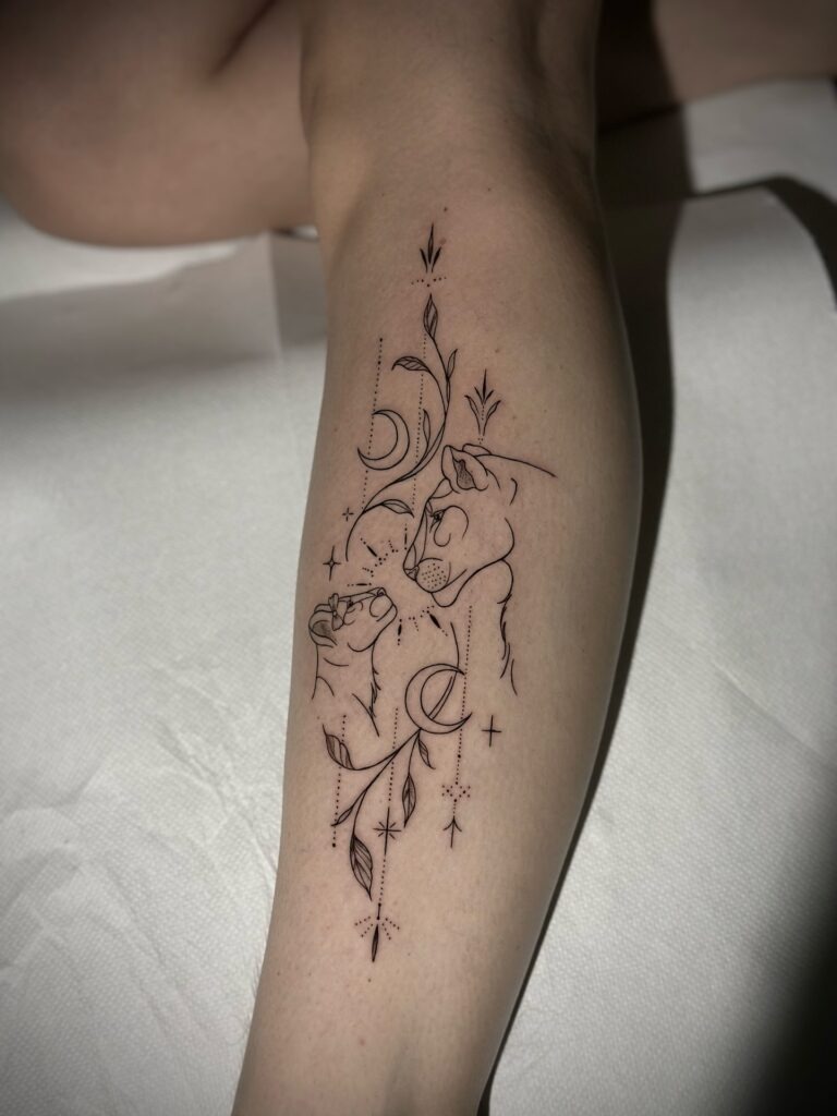 Lion and Cub Fine Line Tattoo with Celestial Details Tattoo Design