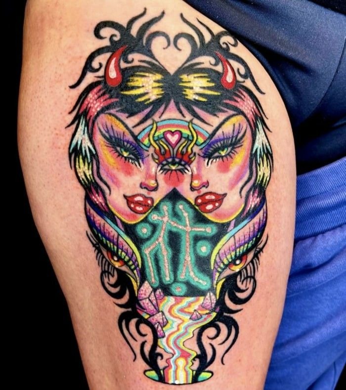 Colorful Psychedelic Gemini Twins Tattoo Tattoo Design