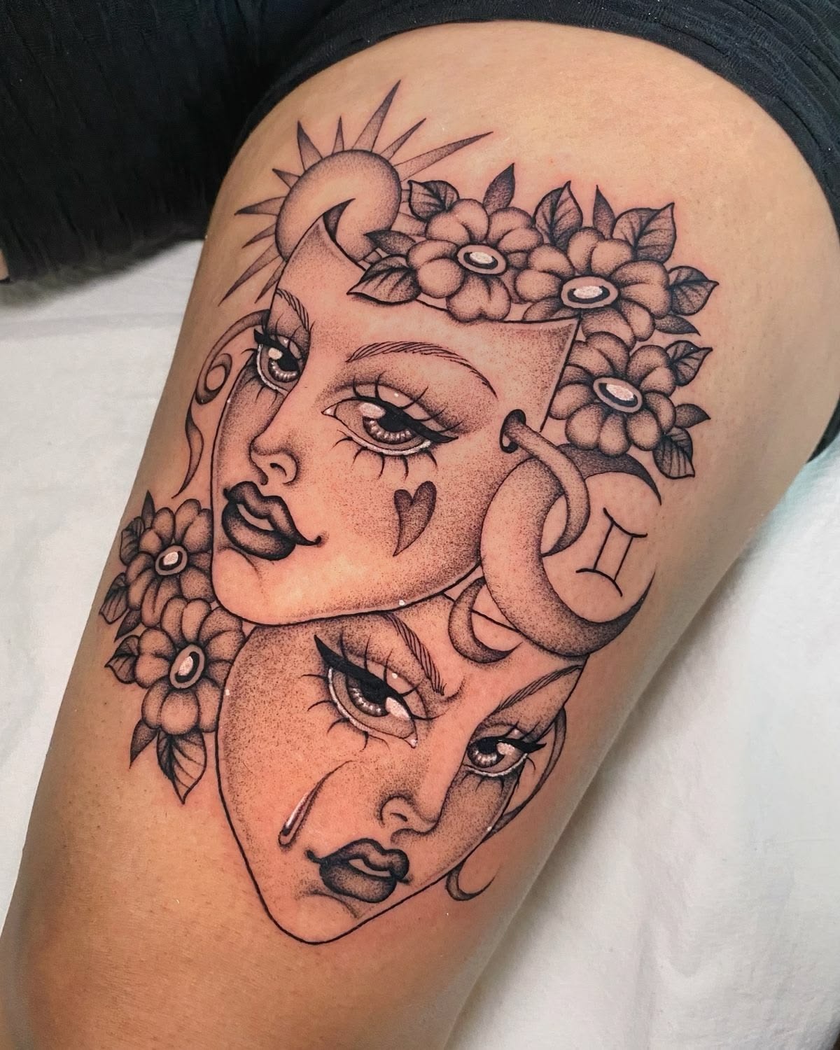 Gemini Floral Mask Faces Tattoo Tattoo Design