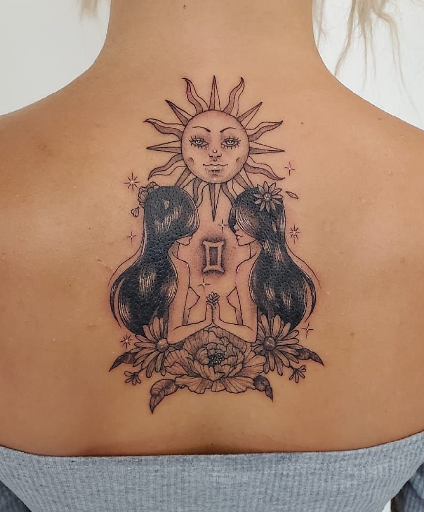 Gemini Twins Sun and Flowers Back Tattoo Tattoo Design