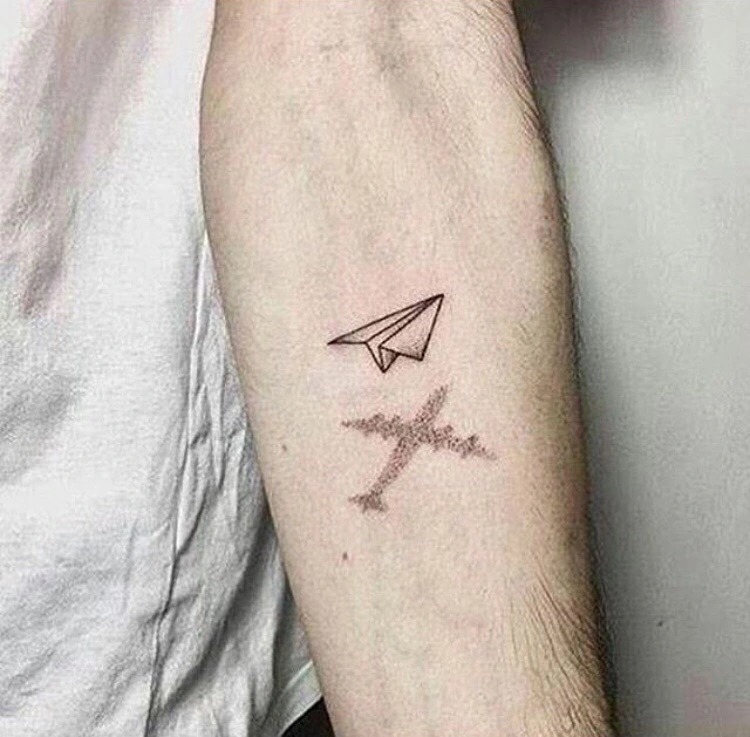Airplane and Paper Plane Tattoo on Arm Tattoo Design